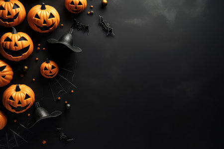 Top view Halloween orange pumpkins with scary carved design, bat, witch hat, web, spiderweb and spiders on dark black background with copy space. Autumn Halloween sale and thanksgiving day conceptの素材