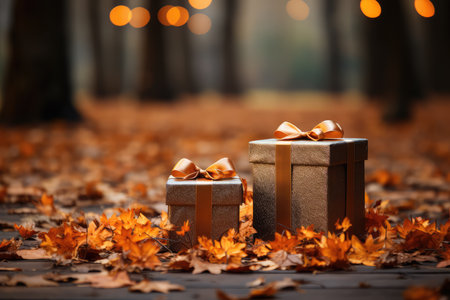 Gift box on falling autumn leaves in the park. Present box on ground in nature with copy space for anniversary, birthday. Autumn sale concept.の素材
