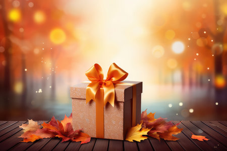 Gift box on wooden table with falling autumn leaves in the park on background. Present box on ground in nature with copy space for anniversary, birthday. Autumn sale concept.の素材