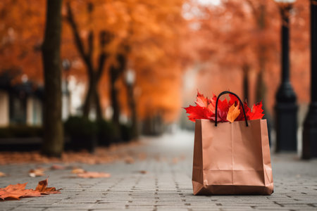 Paper shopping bag with fallen maple leaves in autumn park with copy space. Autumn sale, shopping day concept.の素材