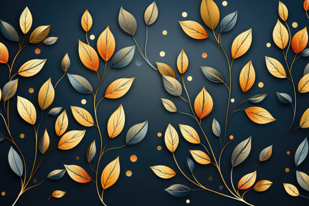Autumn abstract natural pattern. Orange, yellow and golden leaves on a plant branch on dark blue background.の素材