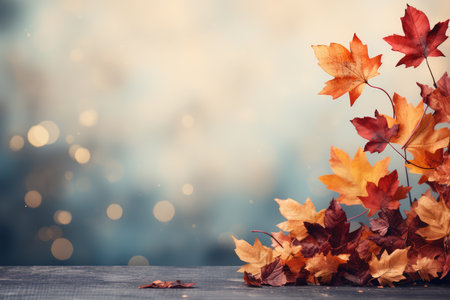Autumn background. Tree red and orange maple leaves on a wooden table with copy space on a blurred blue background. Beautiful vibrant blurred bokeh for autumn design.の素材