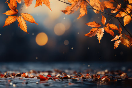 Autumn background. Branch of golden and yellow leaves on a tree or a bush and leaves in a a water puddle on a blurred black dark background with copy space. Beautiful blurred bokeh for autumn design.の素材