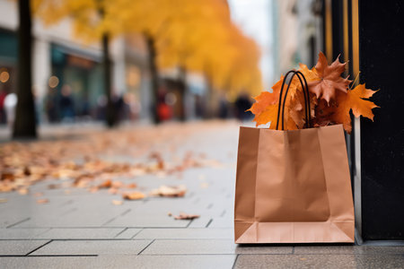 Paper shopping bag with fallen maple leaves in autumn park near a shop store with copy space. Autumn sale, shopping day concept.の素材