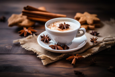 White cup of brown coffee on plate with piece of fabric linen with cinnamon and ginger cookies on wooden dark background with copy spaceの素材