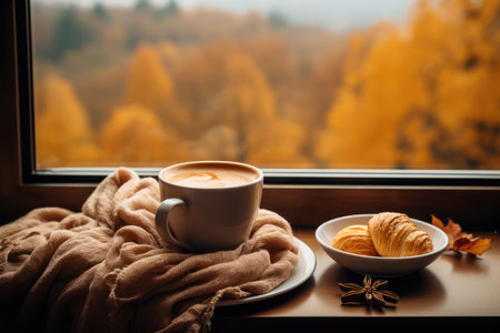 White cup of brown coffee wrapped in fabric cozy scarf on plate with cinnamon, croissant and autumn leaves on wooden windowsill with autumn landscape park outside window on background with copy spaceの素材