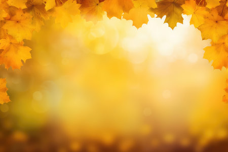 Autumn background. Tree maple leaves like a frame for copy space on a blurred orange and yellow background.の素材
