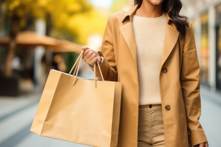 Cropped photo young happy stylish woman wearing beige coat with paper shopping bag walking near a shop store. Autumn sale, shopping day concept.の素材