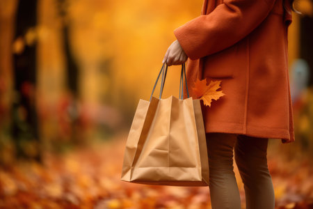 Young woman wearing beige coat with paper shopping bag in autumn park with leaves in nature with copy space. Autumn sale, shopping day concept.の素材