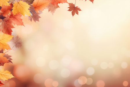 Autumn background. Tree maple leaves like a frame for copy space on a blurred orange and yellow background.の素材