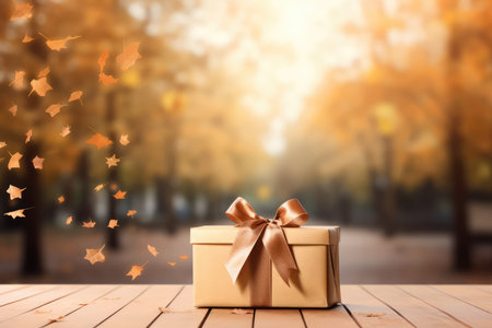 Gift box on wooden table with falling autumn leaves in the park on background. Present box on ground in nature with copy space for anniversary, birthday. Autumn sale concept.の素材
