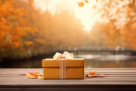Gift box on wooden table with falling autumn leaves in the park on background. Present box on ground in nature with copy space for anniversary, birthday. Autumn sale concept.の素材