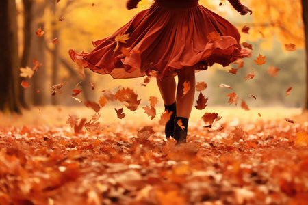 legs of unrecognizable woman in red dress walking in autumn park, having fun and dancing among golden fallen leaves in nature. Autumn walk in the park. Autumn moodの素材