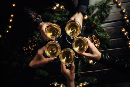 Top view of people hands clinking glasses with champagne or white wine on a wooden table background with christmas ball, cones and spruce branches decoration. Party and holiday celebration concept.の素材
