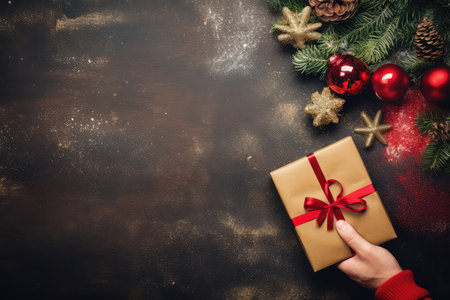 Top view of man hand in cozy red sweater holding gift box on dark festive background with winter tree spruce branches and toy balls with copy space. Christmas greeting card and giving present conceptの素材