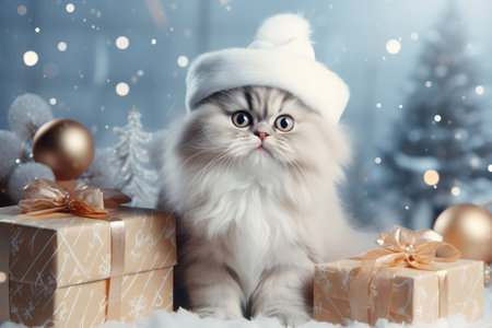 Portrait of gray cat in hat sitting on with winter snow on a festive blue bokeh background with Christmas tree and present gift boxes and looking at camera. New Year cute funny kitty.の素材