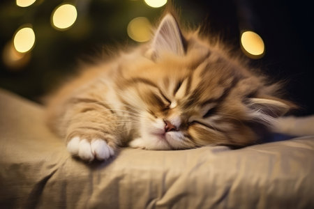 Close up portrait of red fluffy sleeping Persian cat on beige blanket with Christmas dark bokeh background. New year cute funny kitty.の素材