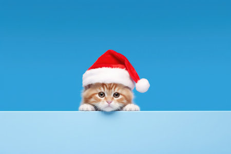Adorable red cute funny little kitty in Christmas santa claus hat, looking at camera isolated on blue background. New Year cat pet and winter holidaysの素材