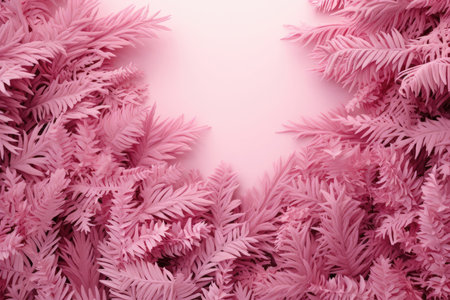 Top view of pink painted fir tree branch in a frame on a pink paper background. New Year celebration and winter holiday. Christmas background with copy space for text.の素材