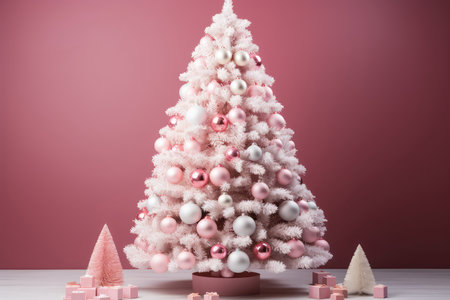 Pink Christmas Tree decorated with toy balls stand in interior of living room with pink wall and present gift boxes with copy space. New Year celebration and winter holiday.の素材