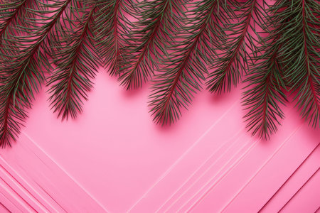 Top view of green fir tree branch in a frame on a pink background. New Year celebration and winter holiday. Christmas background with copy space for text.の素材