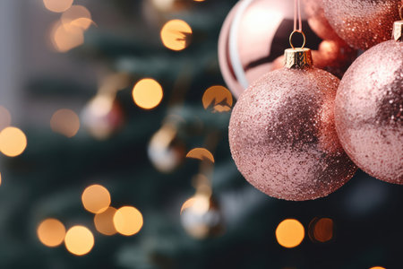 Close up of pastel pink Christmas tree toy ball decoration on a fluffy fir branch on blurred festive bokeh background. New Year celebration and winter holiday.の素材
