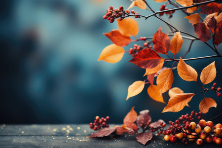 Autumn background. Tree red and orange maple leaves on a wooden table with copy space on a blurred blue background. Beautiful vibrant blurred bokeh for autumn design.の素材