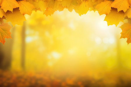 Autumn background. Tree maple leaves like a frame for copy space on a blurred orange and yellow background.の素材