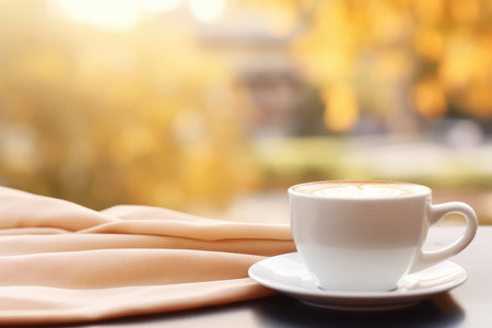 White cup of coffee wrapped in fabric cozy scarf standing on wooden windowsill with autumn landscape outside the window. Autumn orange trees with leaves outdoor.の素材