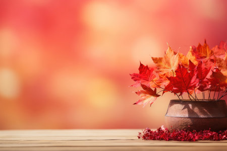 Autumn background. Branch of red and pink leaves in vase on a bush on a blurred pink and red background. Beautiful vibrant blurred bokeh for autumn designの素材