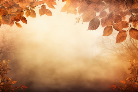 Autumn background. Tree maple leaves like a frame for copy space on a blurred orange and yellow background.の素材