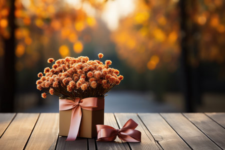 Gift box with flowers on wooden table with falling autumn leaves in the park on background. Present box on ground in nature with copy space for anniversary, birthday. Autumn sale concept.の素材