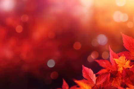 Autumn background. Branch of red and pink leaves on a bush on a blurred pink and red background. Beautiful vibrant blurred bokeh for autumn designの素材