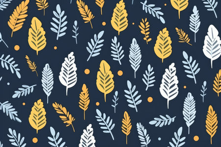 Autumn abstract natural pattern. Orange, yellow and golden leaves on a plant branch on dark blue background.の素材