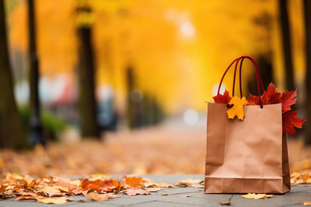 Paper shopping bag with fallen maple leaves in autumn park with copy space. Autumn sale, shopping day concept.の素材
