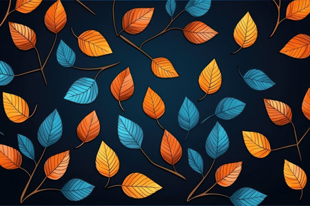 Autumn abstract natural background. Blue, orange, yellow and red leaves on dark blue background. Leaf pattern.の素材