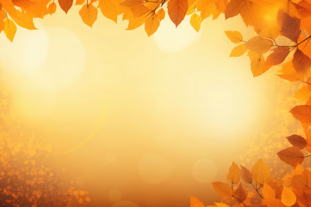 Autumn background. Tree maple leaves like a frame for copy space on a blurred orange and yellow background.の素材