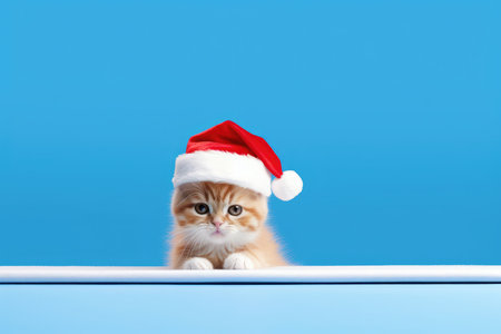 Adorable red cute funny little kitty in Christmas santa claus hat, looking at camera isolated on blue background. New Year cat pet and winter holidaysの素材