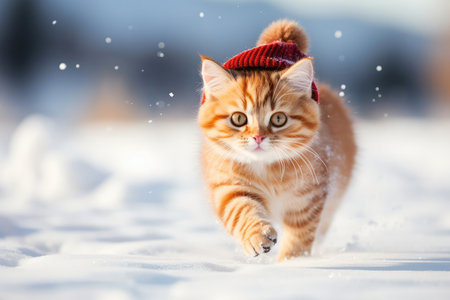 Red striped cat running through the white snow in winter hat with snowflakes on background. Kitten walking in nature with copy space.の素材