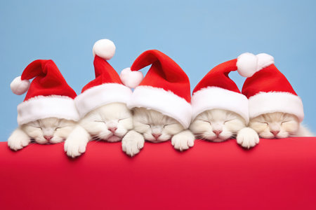 Cute little kittens in Christmas Santa Claus hat sleeping on red bed isolated in studio blue background with copy space. New Year cat pet and winter holidays. Greeting card mockup.の素材