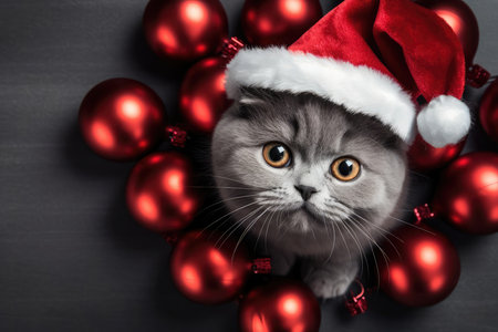 Top view of cute british kitten in santa claus hat looking at camera sitting surrounded with Christmas tree red toy balls on gray background with copy space. New Year cat pet and winter holidays.の素材