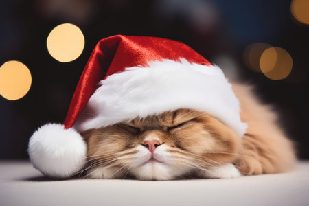 Close up portrait of red fluffy sleeping Persian cat in Santa Claus hat on white plaid with Christmas dark bokeh background. New year cute funny kitty.の素材