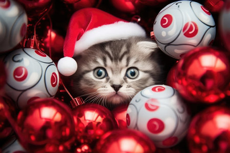 Close up of cute kitten wearing warm santa claus hat looking at camera sitting surrounded with Christmas tree decoration red and white toy balls. New Year cat pet and winter holidays. Greeting card.の素材