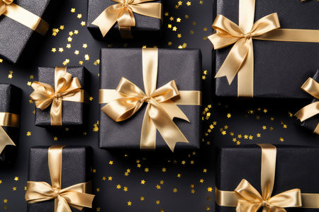 Top view of many black gift boxes with a golden bow on festive dark background with confetti. Fathers, Valentines day, Birthday, anniversary present concept. Holiday saleの素材