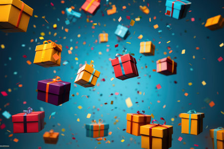 Many colorful gift boxes flying on festive blue background with copy space and confetti. Present boxes levitation. Fathers, Valentines day, Birthday, anniversary concept. Holiday saleの素材
