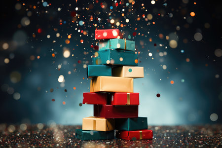 Many colorful gift boxes flying on festive blue background with copy space and confetti. Present boxes levitation. Fathers, Valentines day, Birthday, anniversary concept. Holiday saleの素材