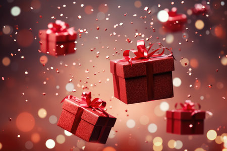 Many red gift boxes with a bow on festive glittering bokeh dark pink background. Present boxes levitation. Fathers, Valentines day, Birthday, anniversary concept. Holiday saleの素材