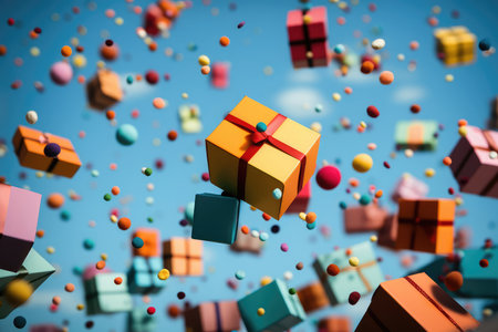 Many colorful gift boxes flying on festive blue background with copy space and confetti. Present boxes levitation. Fathers, Valentines day, Birthday, anniversary concept. Holiday saleの素材