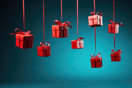 Many red gift boxes flying and hanging on festive blue background with copy space. Present boxes levitation. Fathers, Valentines day, Birthday, anniversary concept. Holiday saleの素材
