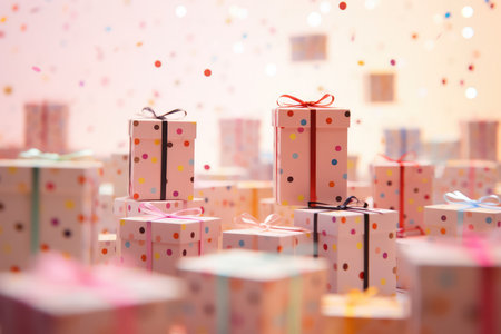 Many pastel pink gift boxes with a bow on festive glittering background with copy space and confetti.. Fathers, Valentines day, Birthday, anniversary present concept. Holiday saleの素材